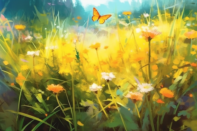 黄色花蝴蝶在橙色花丛飞舞插画,插画/手绘图,插画/手绘图库,插画/手绘图下载,插画/手绘